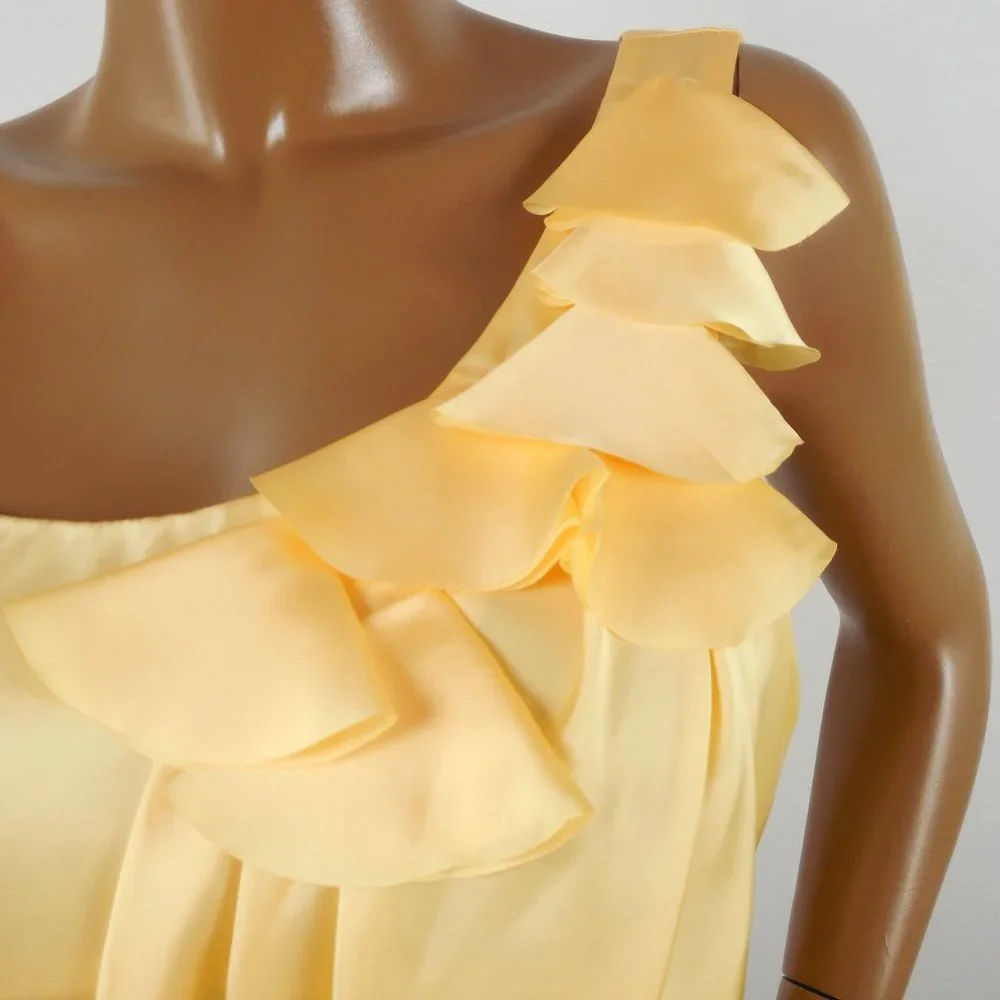 PIANO Top L Yellow Silky Blouse Ruffle Trim Draped Hem Pleats Sleeveless Shirt - Picture 3 of 9